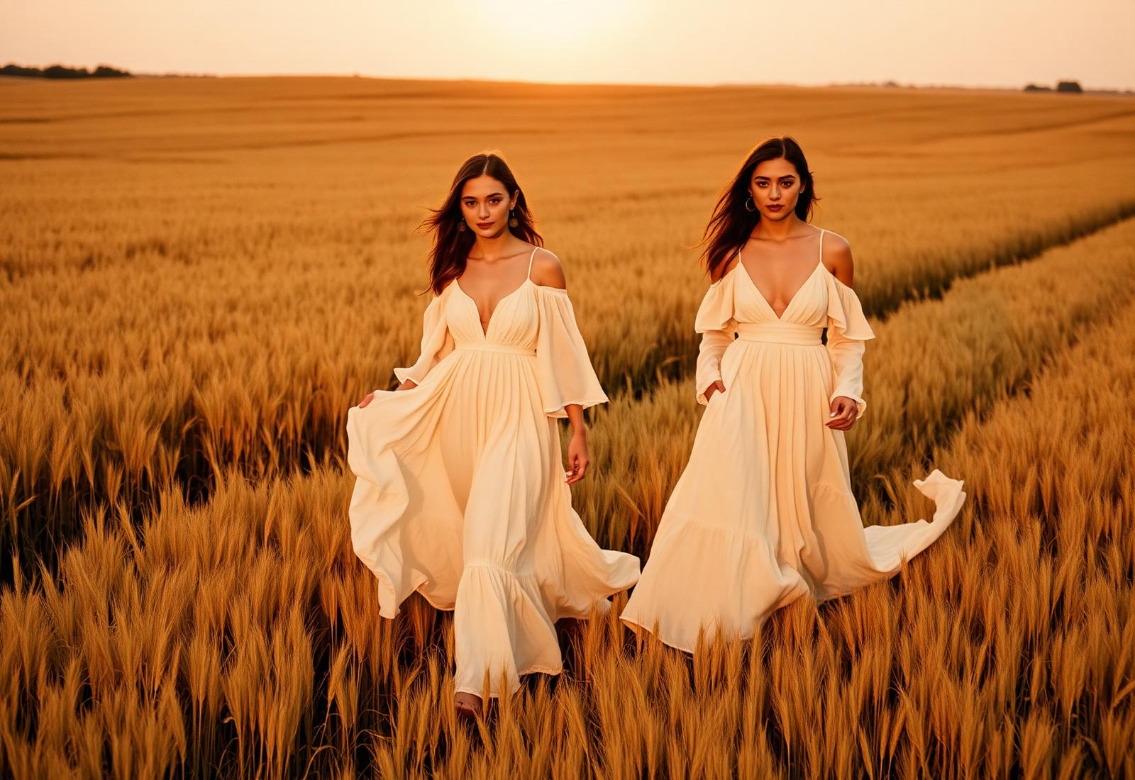 Two models in flowing cream dresses in a wheat field at sunset